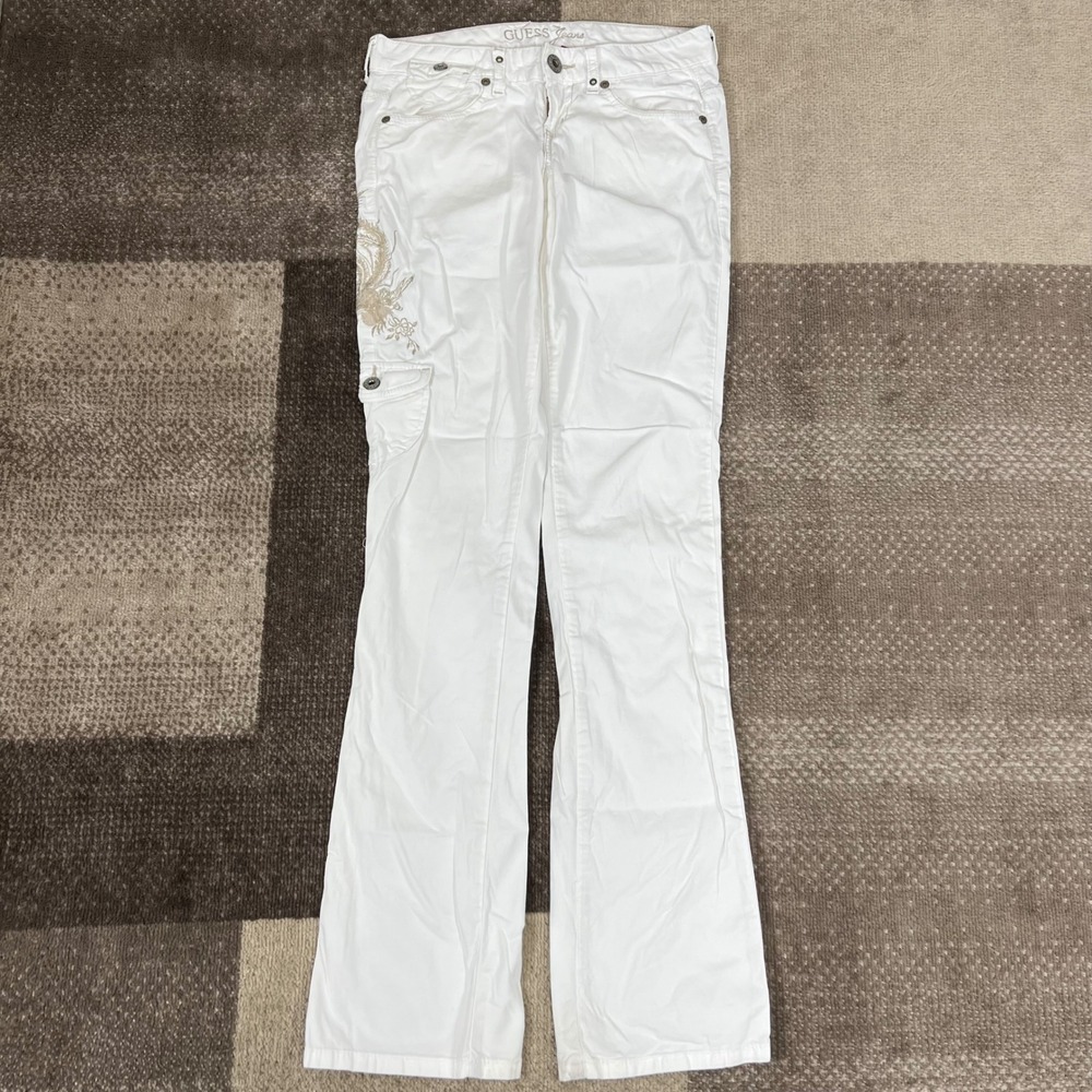 Y2K Guess Starlet Straight White Pants Embroidered Phoenix Womens 24 Low Rise